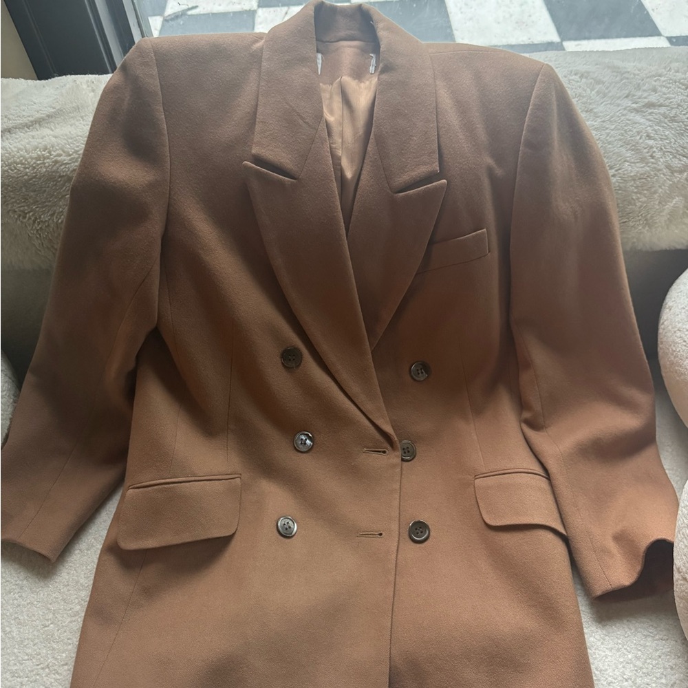 Women's Double-Breasted Tan Wool Blazer Coat